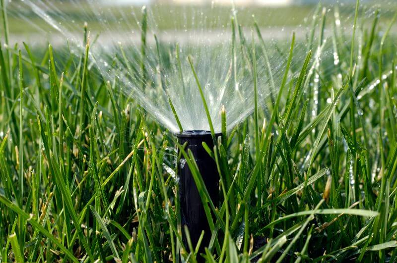A sprinkler in grass by Thrive Landscape Services